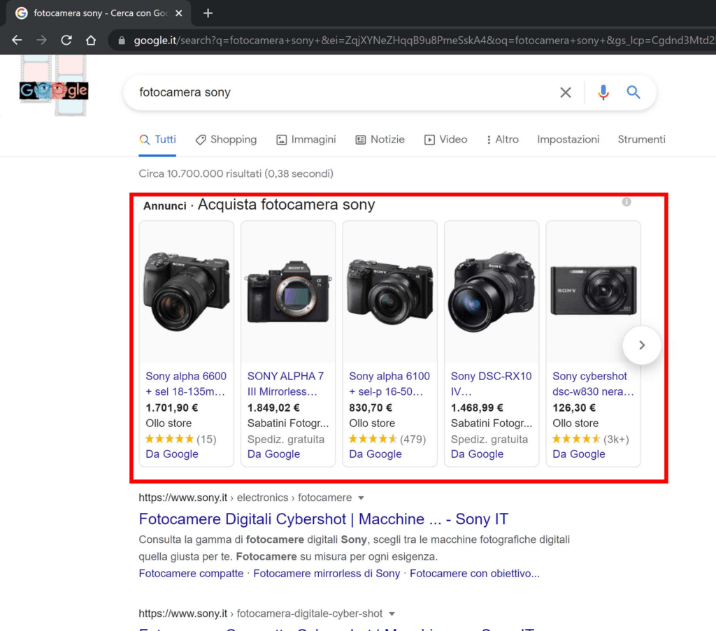 risultati di google shopping