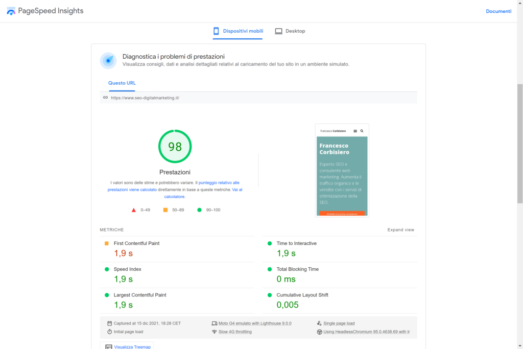 nuovo google page speed insights versione mobile 